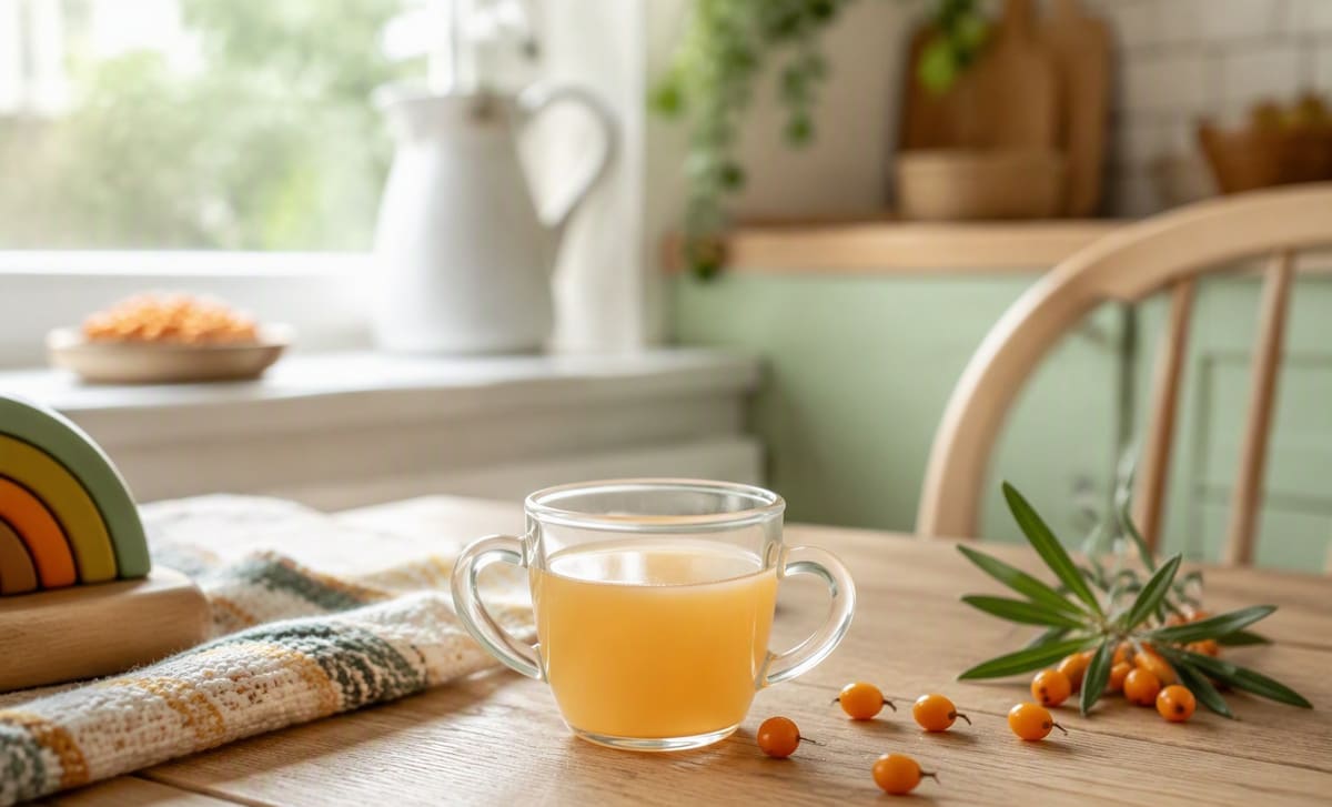 A tiny cup of diluted sea buckthorn juice with a few berries on a low table
