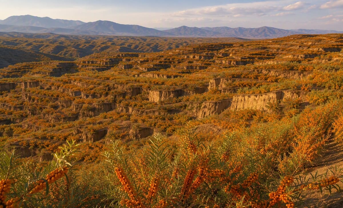 A vast sea buckthorn plantation on terraced hills in northern China