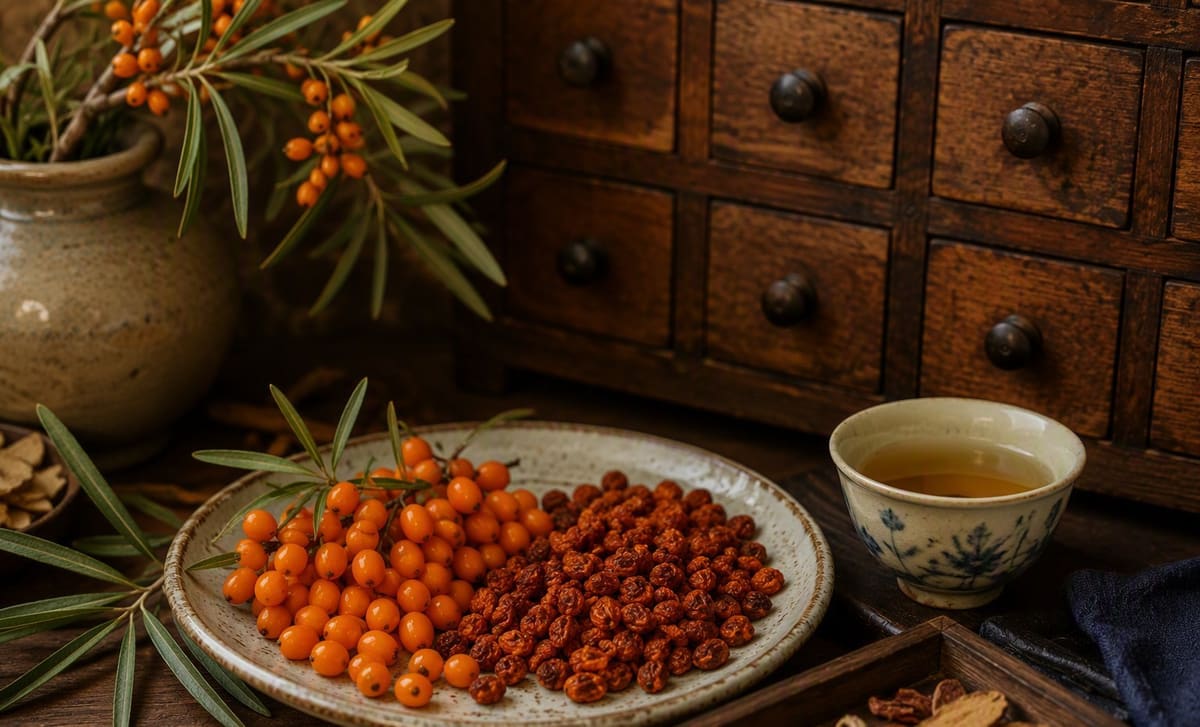 Sea buckthorn berries on a ceramic plate in a traditional Chinese herbal apothecary