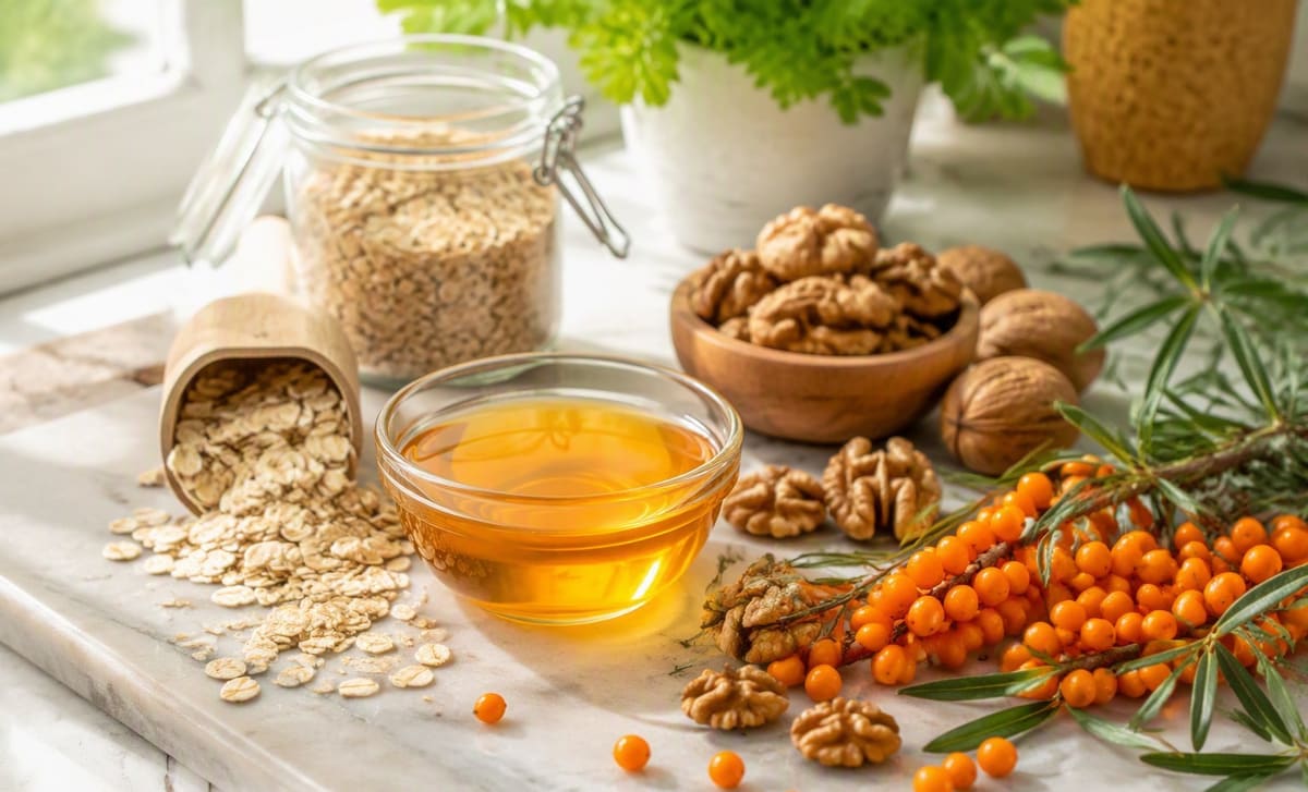 A bowl of golden sea buckthorn oil with oats, walnuts, and fresh berries on a bright kitchen counter