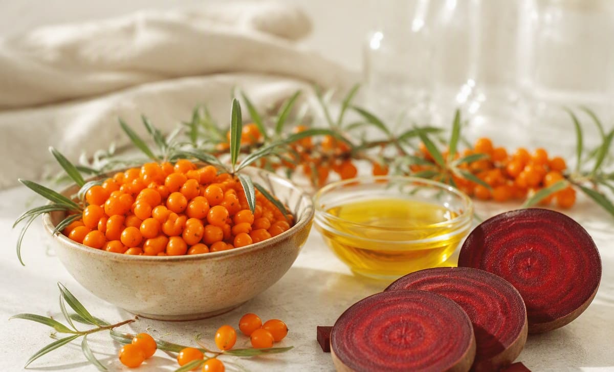 Sea buckthorn berries with beetroot slices and a dish of golden oil