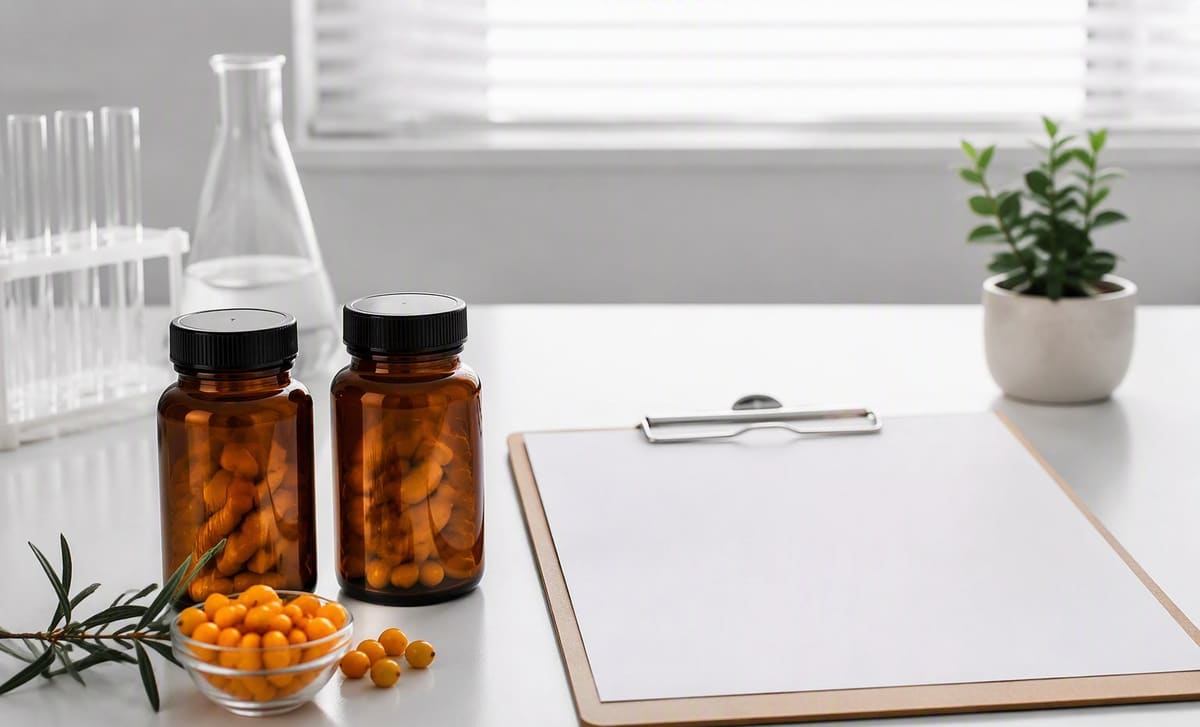 Two identical unlabeled amber jars and a blank clipboard on a clean clinical desk with sea buckthorn berries