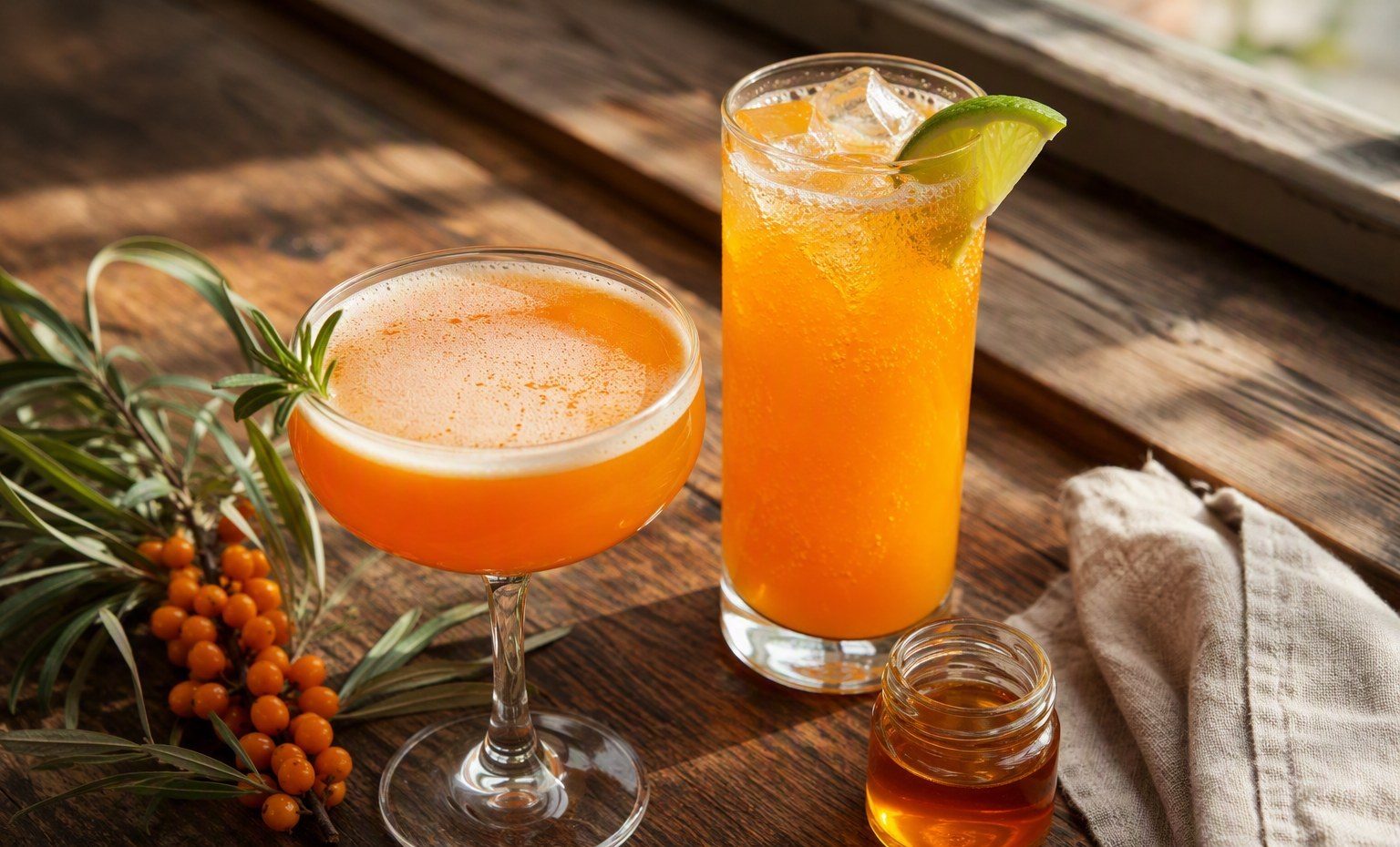 An orange sea buckthorn sour in a coupe glass beside a tall sparkling seabreeze with lime