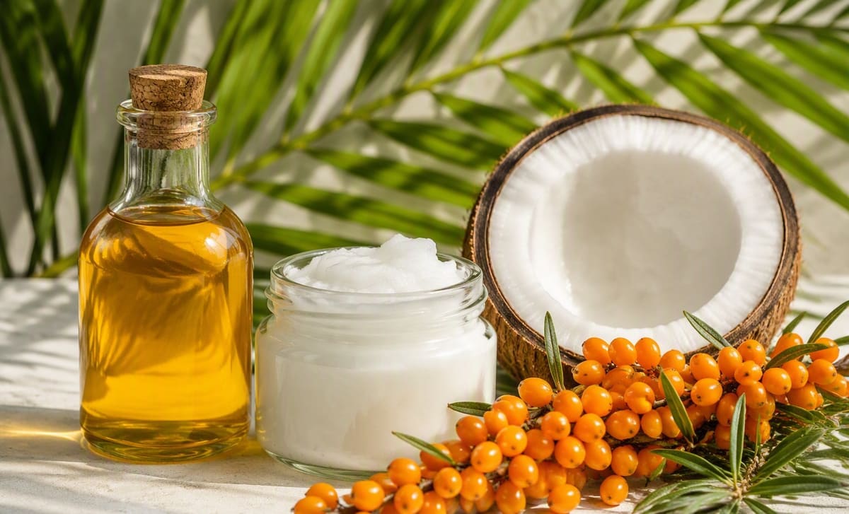 A bottle of sea buckthorn oil beside a jar of coconut oil, half a coconut, and fresh berries