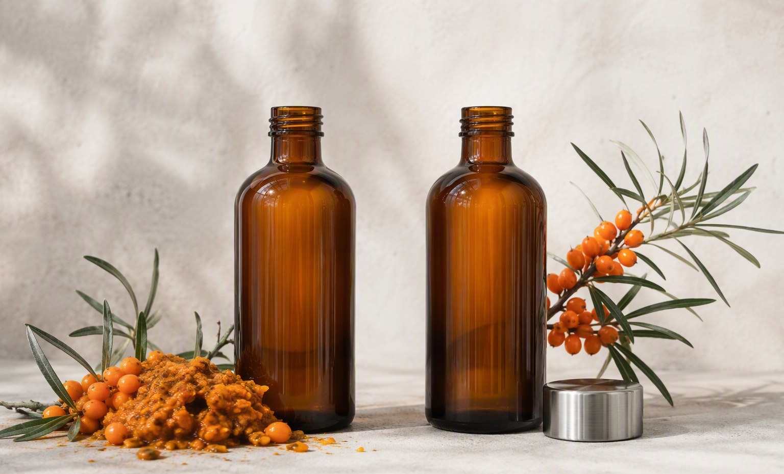 Two amber sea buckthorn oil bottles side by side, one with crushed berry pulp, one clean