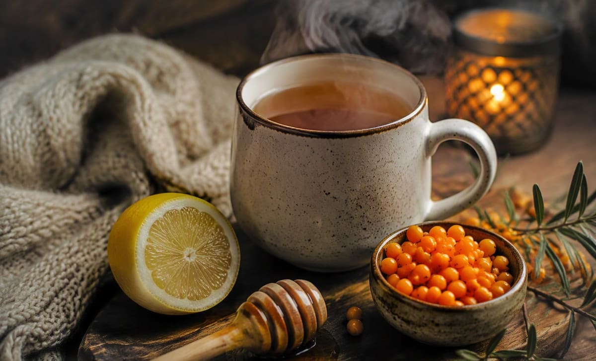 A steaming mug of tea with lemon, a honey dipper, and a bowl of sea buckthorn berries on a wooden table