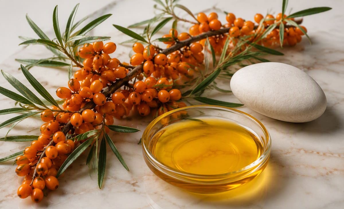 Sea buckthorn berries, a dish of golden oil, and a smooth white stone arranged on pale marble