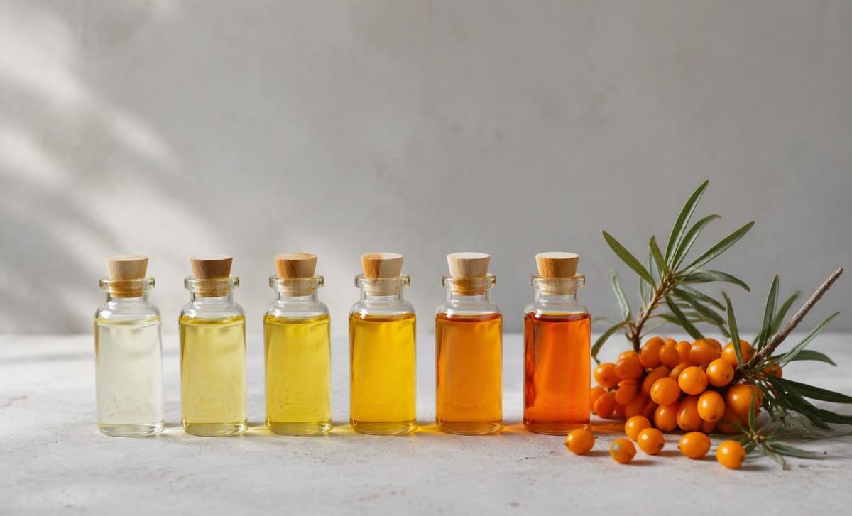 A row of small glass oil bottles from pale to deep orange with fresh sea buckthorn berries