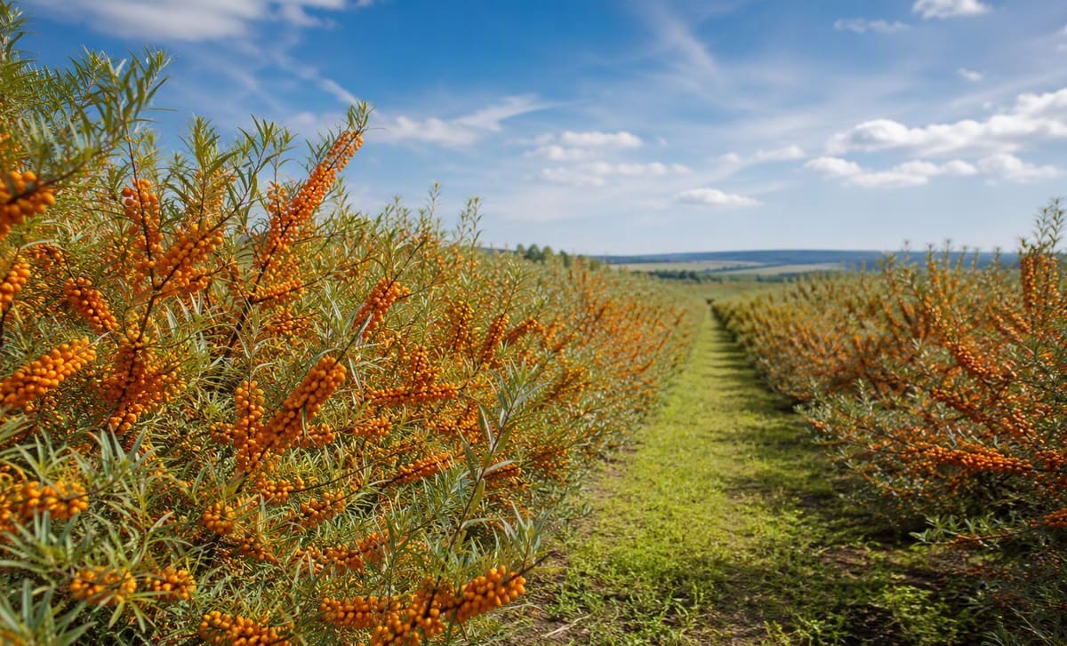 Long orchard rows of sea buckthorn shrubs heavy with orange berries