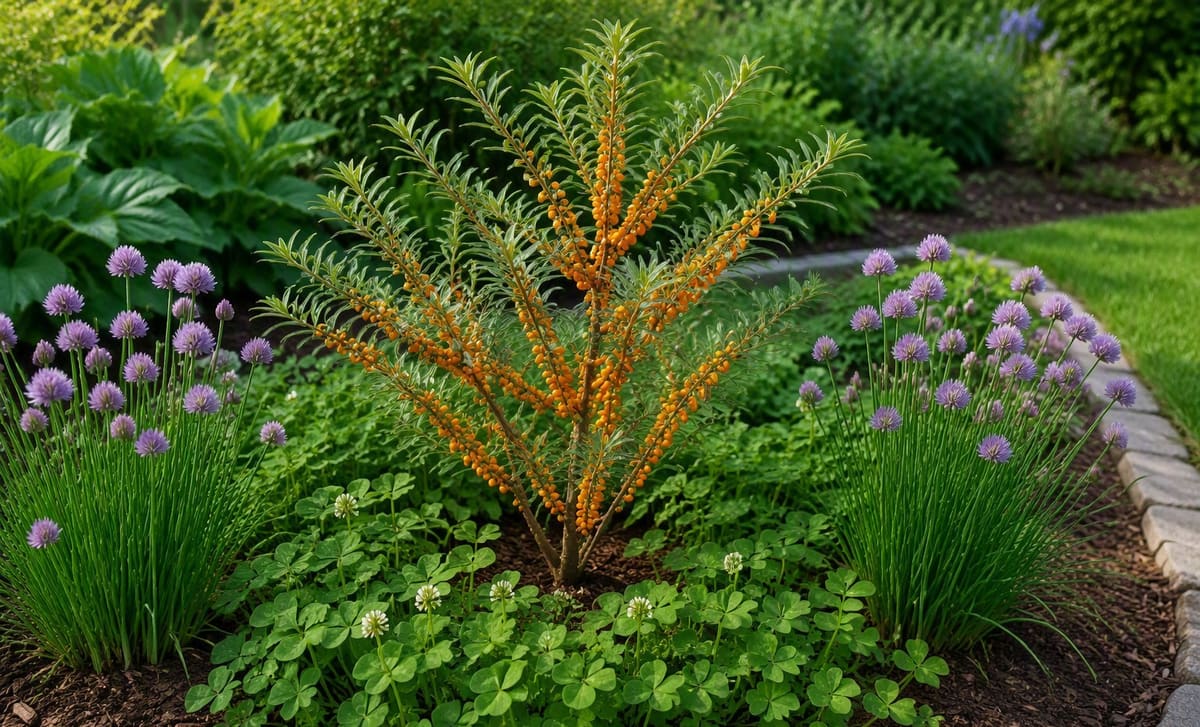 A young sea buckthorn shrub underplanted with clover and chives in a garden bed