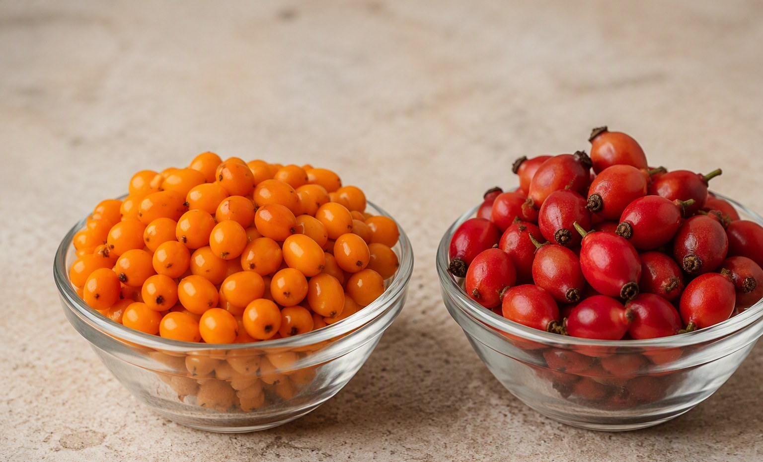 Two glass bowls side by side, one with sea buckthorn berries and one with red rosehips