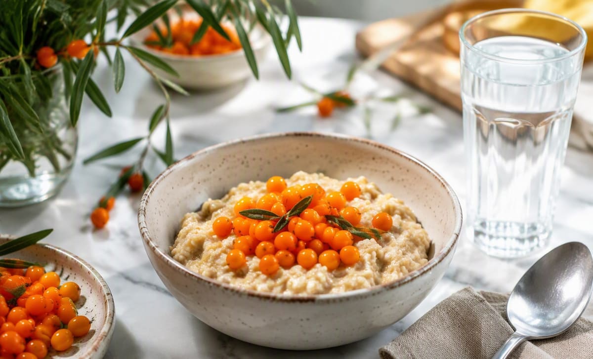A bowl of oat porridge topped with fresh sea buckthorn berries beside a glass of water on a breakfast table