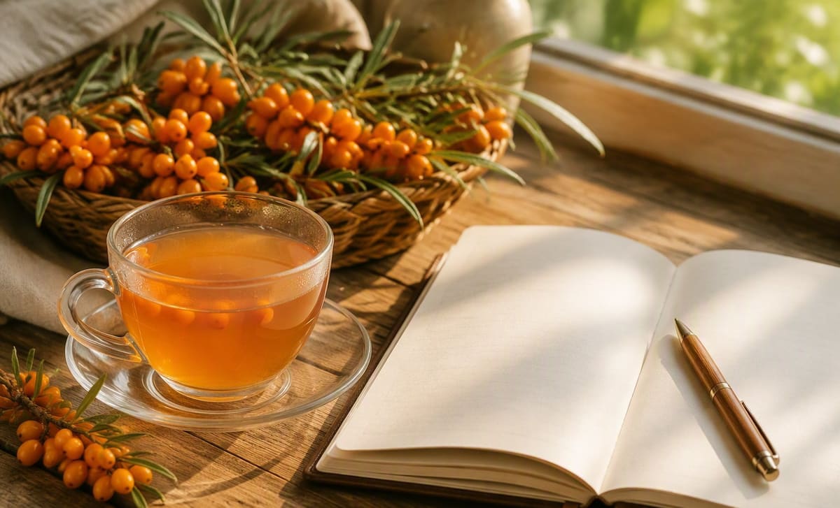 Sea buckthorn tea, berries, and an open notebook with a pen