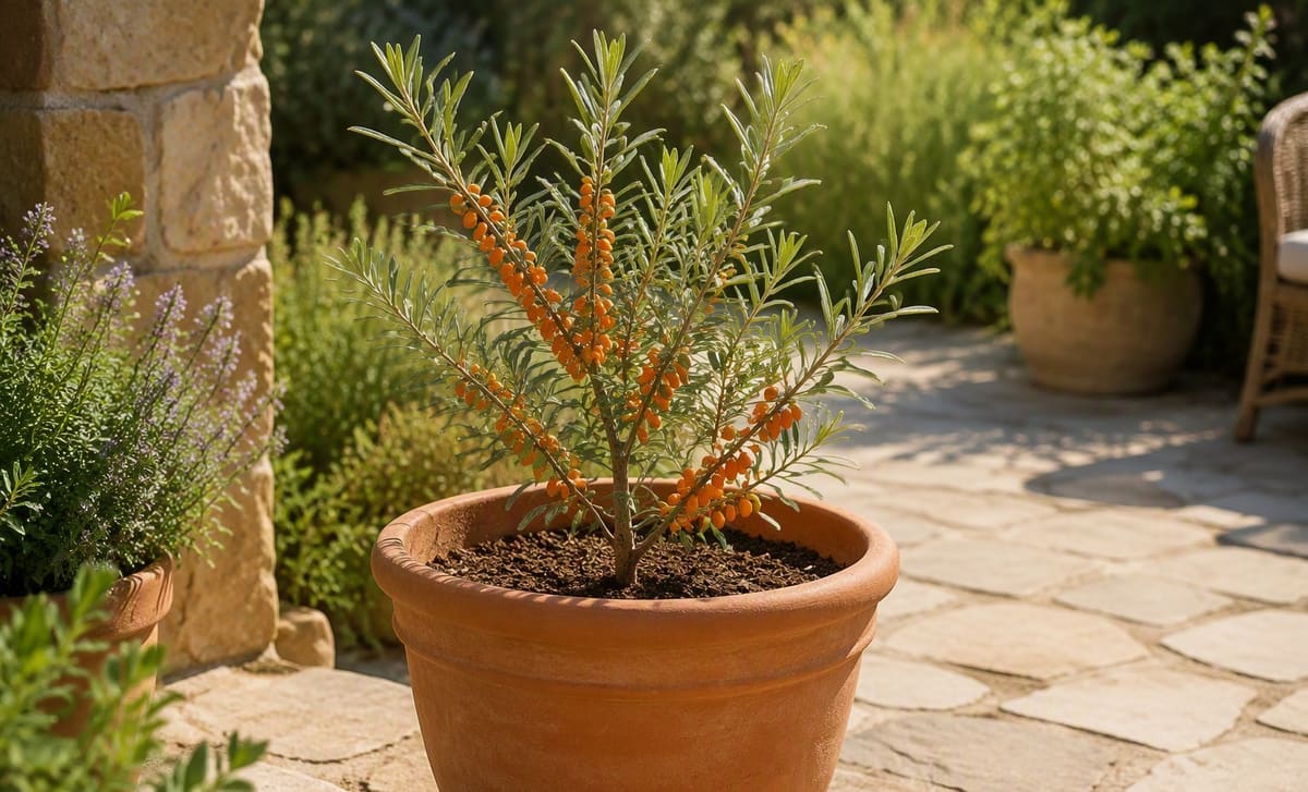 A young sea buckthorn shrub in a large terracotta pot on a sunny patio
