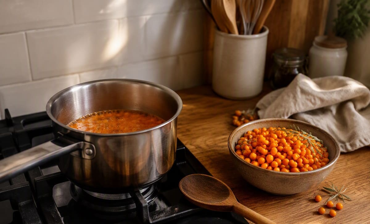 A stainless pan of sea buckthorn sauce on a stovetop beside a bowl of fresh berries in a home kitchen