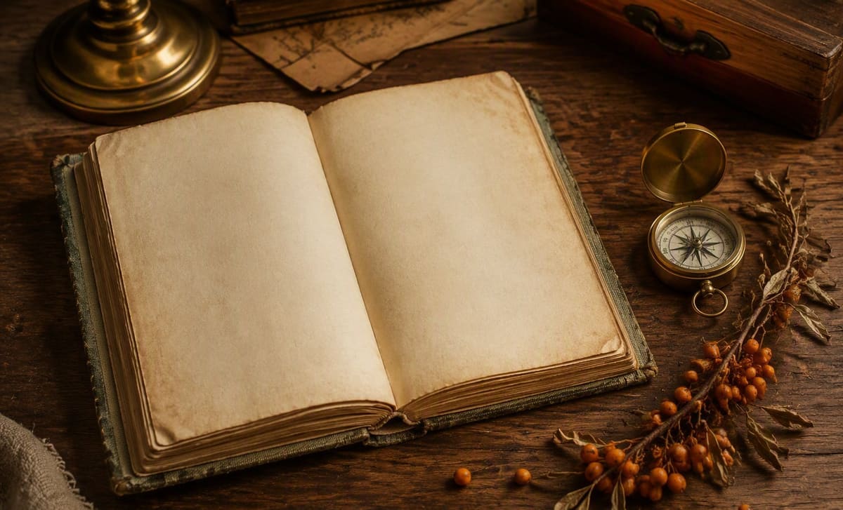 An aged journal, a brass compass, and a dried sea buckthorn branch on a desk