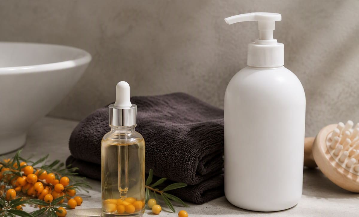 A dropper bottle of sea buckthorn seed oil beside a dark towel and a plain pump bottle