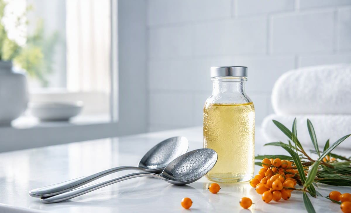 Two chilled metal spoons beside a bottle of pale sea buckthorn seed oil and fresh berries on a bathroom counter
