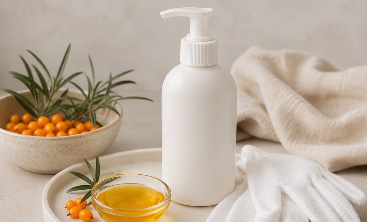 A plain white pump bottle, cotton gloves, and a small dish of golden sea buckthorn oil with berries