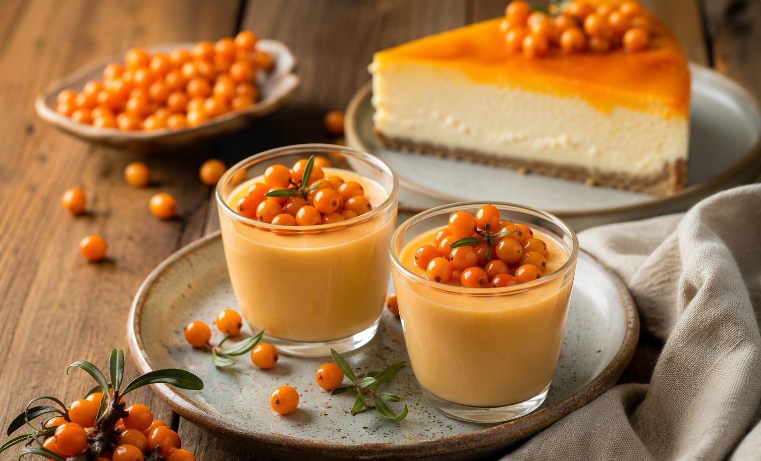 Sea buckthorn posset cups topped with berries, with a glazed cheesecake slice behind