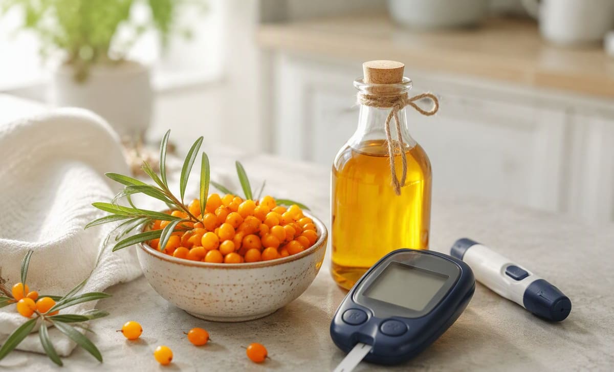 A glucose meter beside a bowl of fresh sea buckthorn berries and a bottle of golden oil on a counter