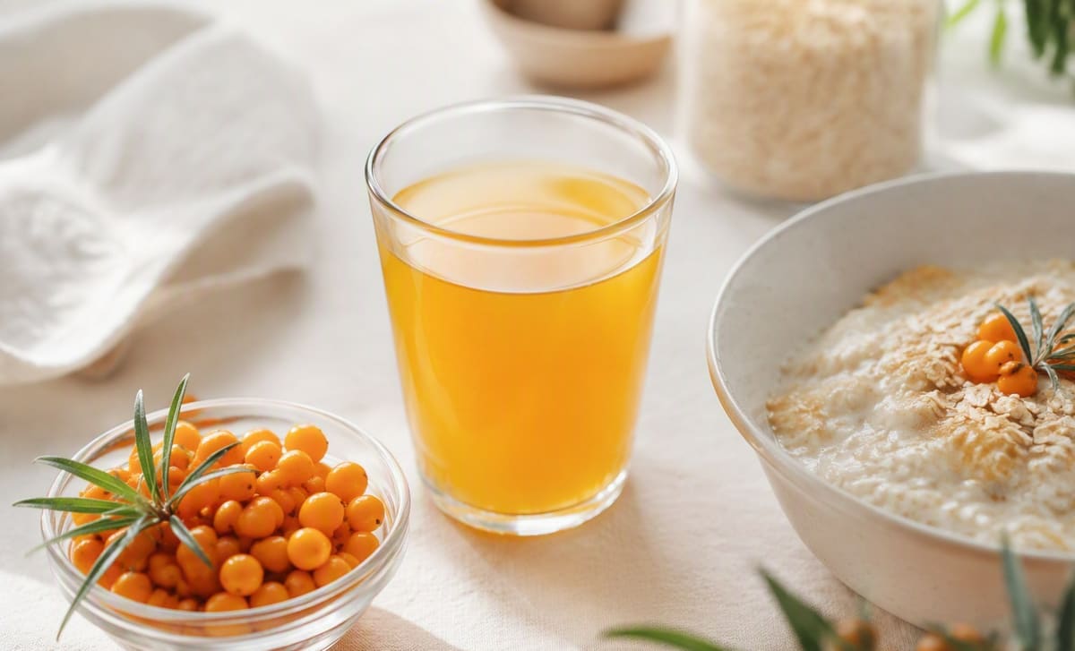 A glass of diluted sea buckthorn juice and fresh berries beside a bowl of oatmeal