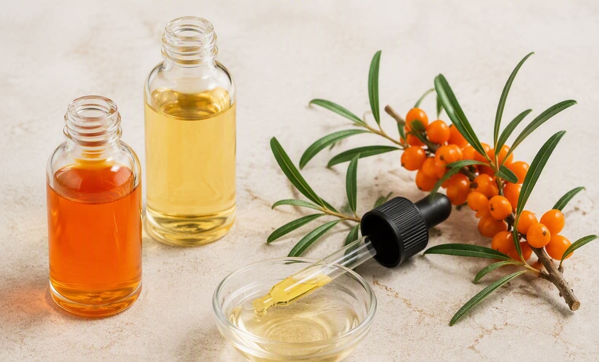 A bottle of deep orange sea buckthorn oil and a bottle of pale carrier oil beside a dropper and a sea buckthorn sprig