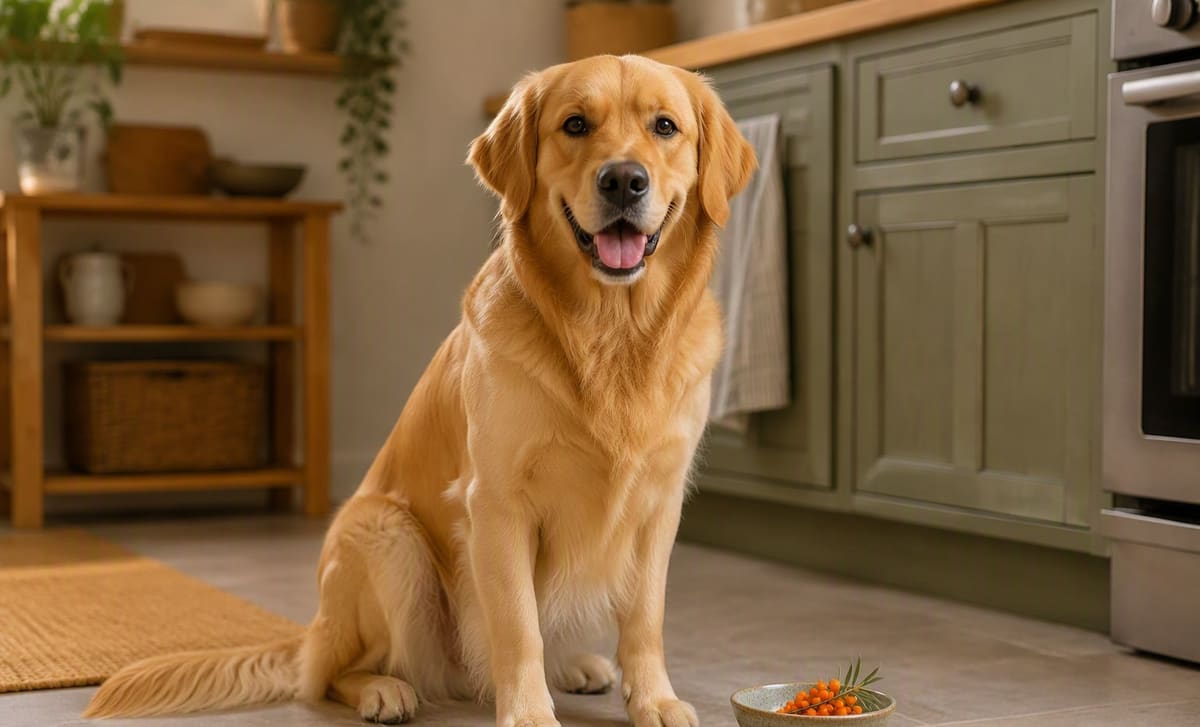 A golden dog sitting beside a small bowl of sea buckthorn berries on a kitchen floor
