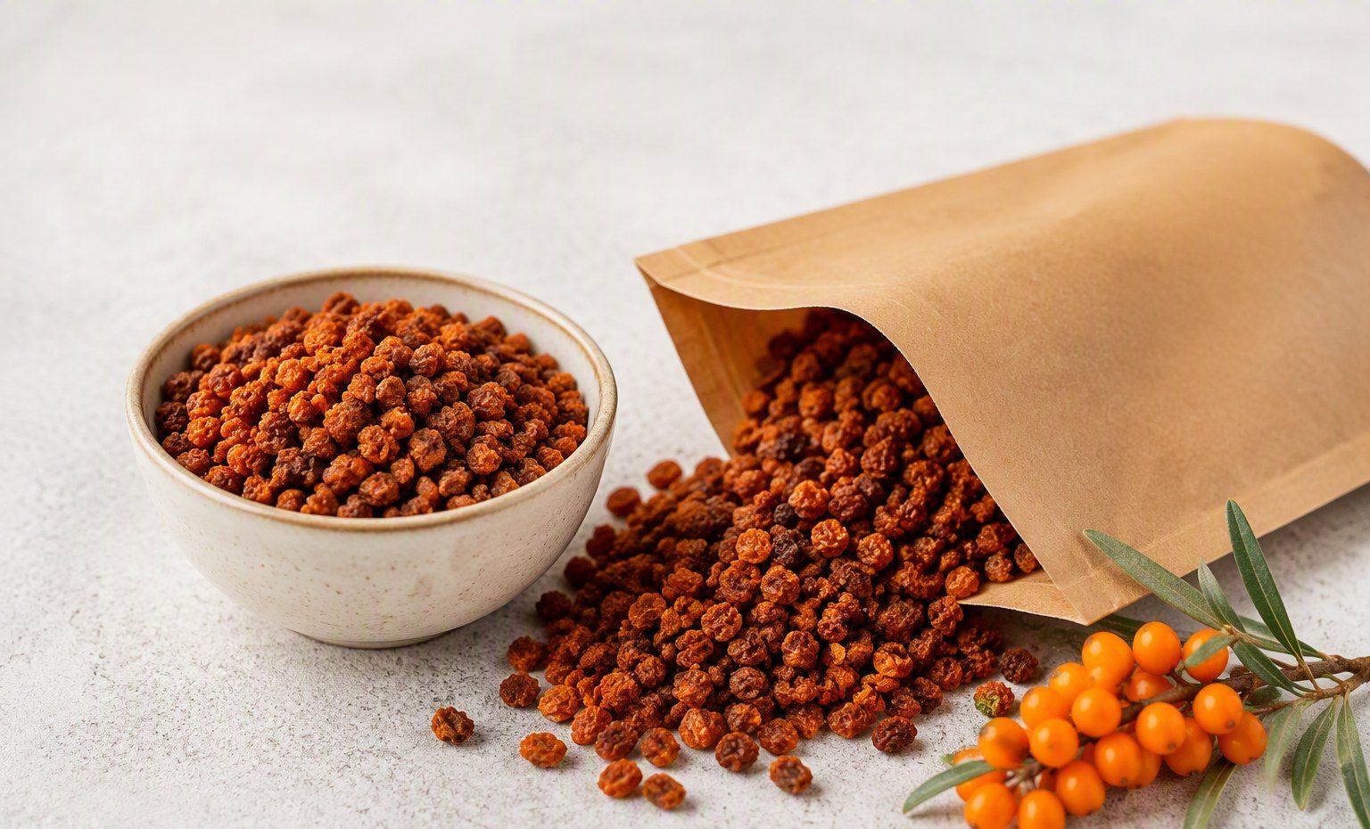 A bowl of dried sea buckthorn berries beside a kraft paper pouch and a fresh berry branch