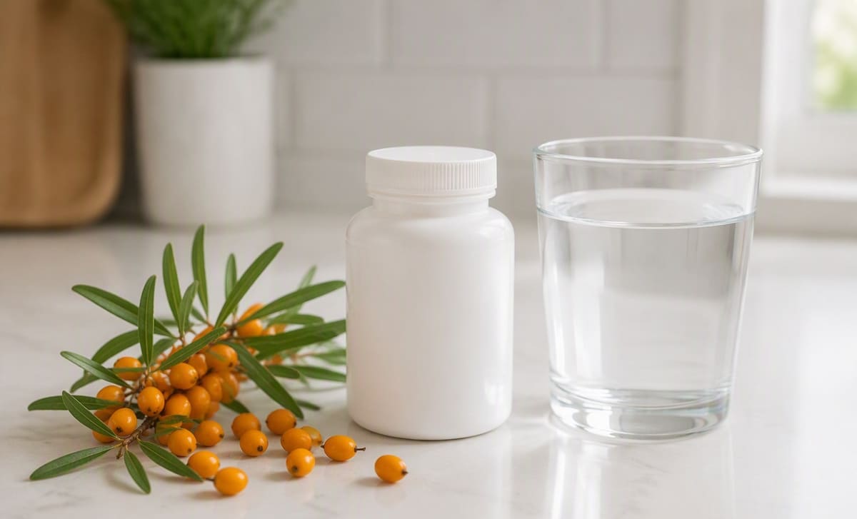 Sea buckthorn berries and an unlabeled supplement bottle beside a glass of water