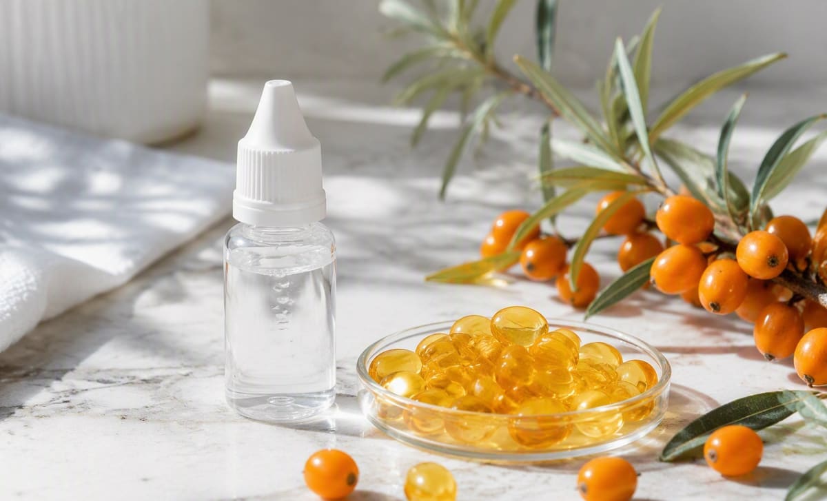 A bottle of preservative-free eye drops beside golden sea buckthorn oil capsules and fresh berries