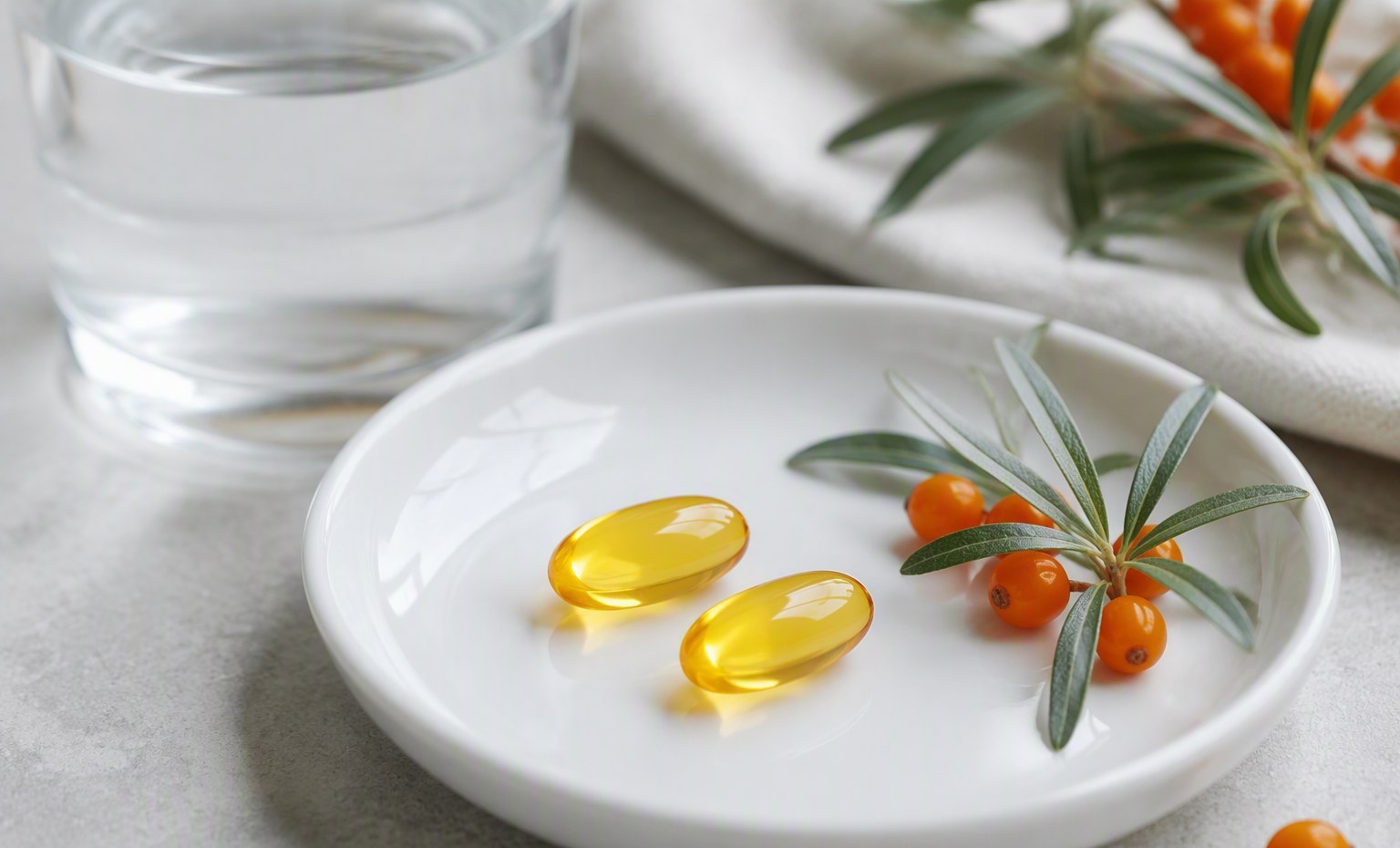 Two golden sea buckthorn oil softgels on a white saucer beside a glass of water