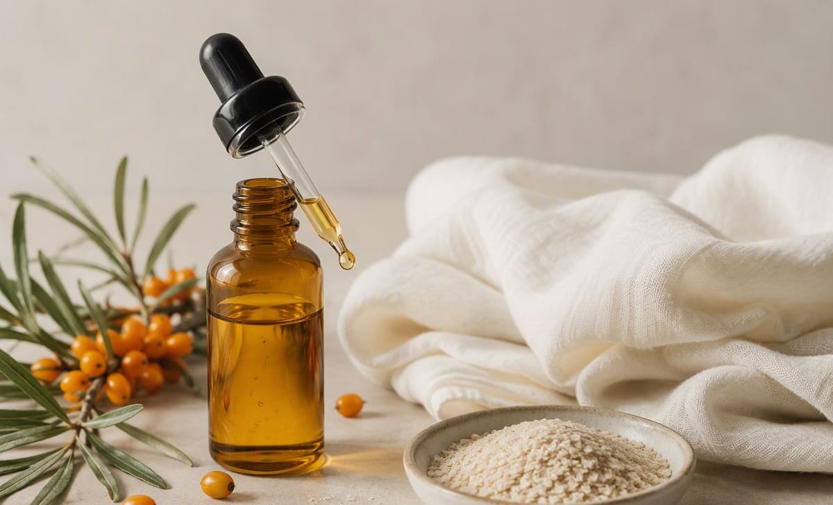 An amber dropper bottle of sea buckthorn seed oil beside a cotton cloth and a bowl of oats