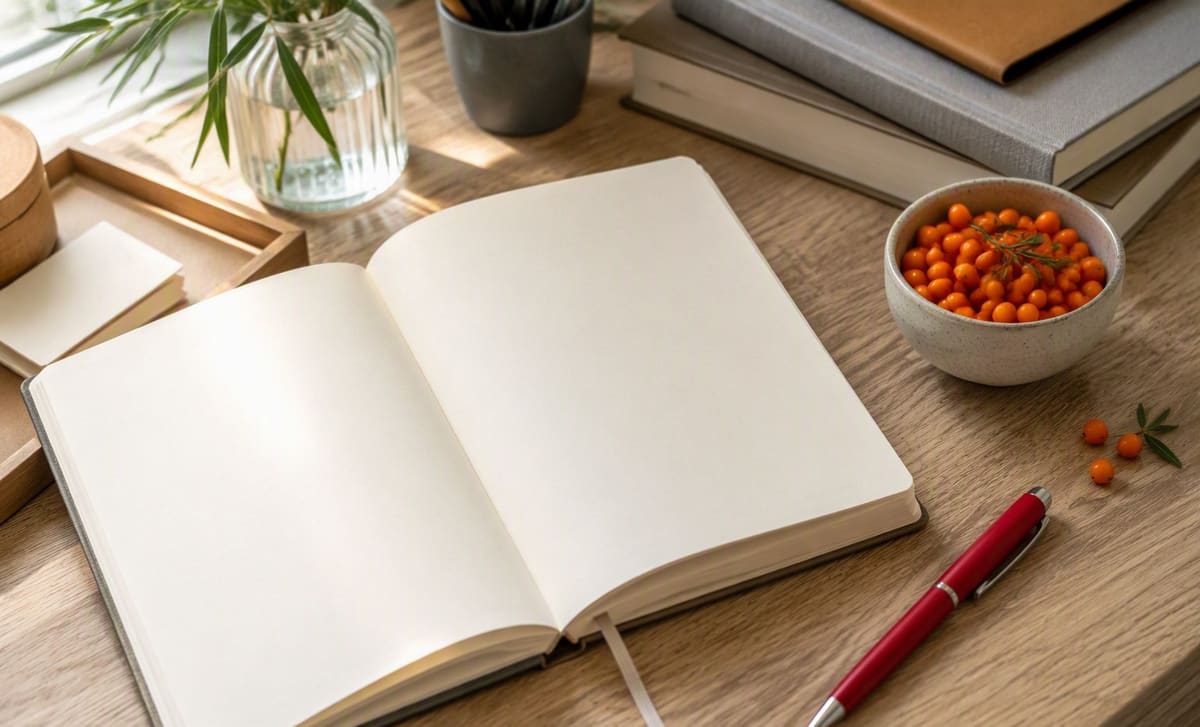 A notebook, red pen, and sea buckthorn berries on an editor desk