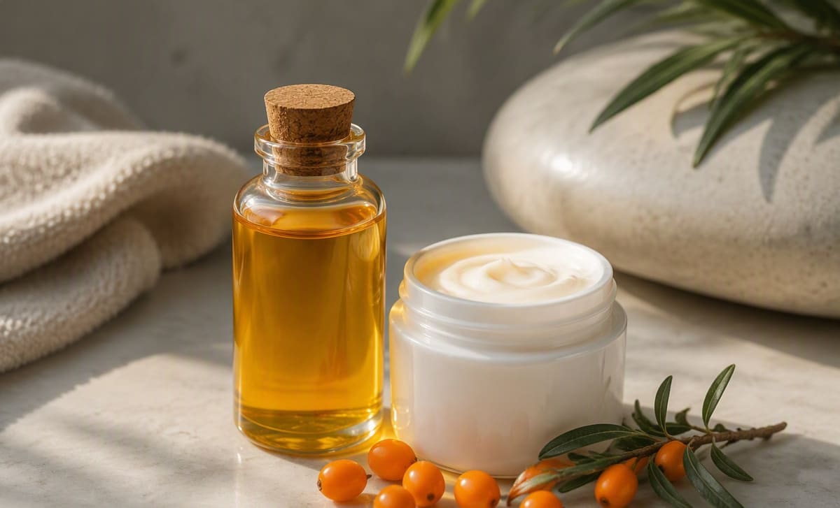 A bottle of sea buckthorn oil beside an open cream jar and fresh orange berries