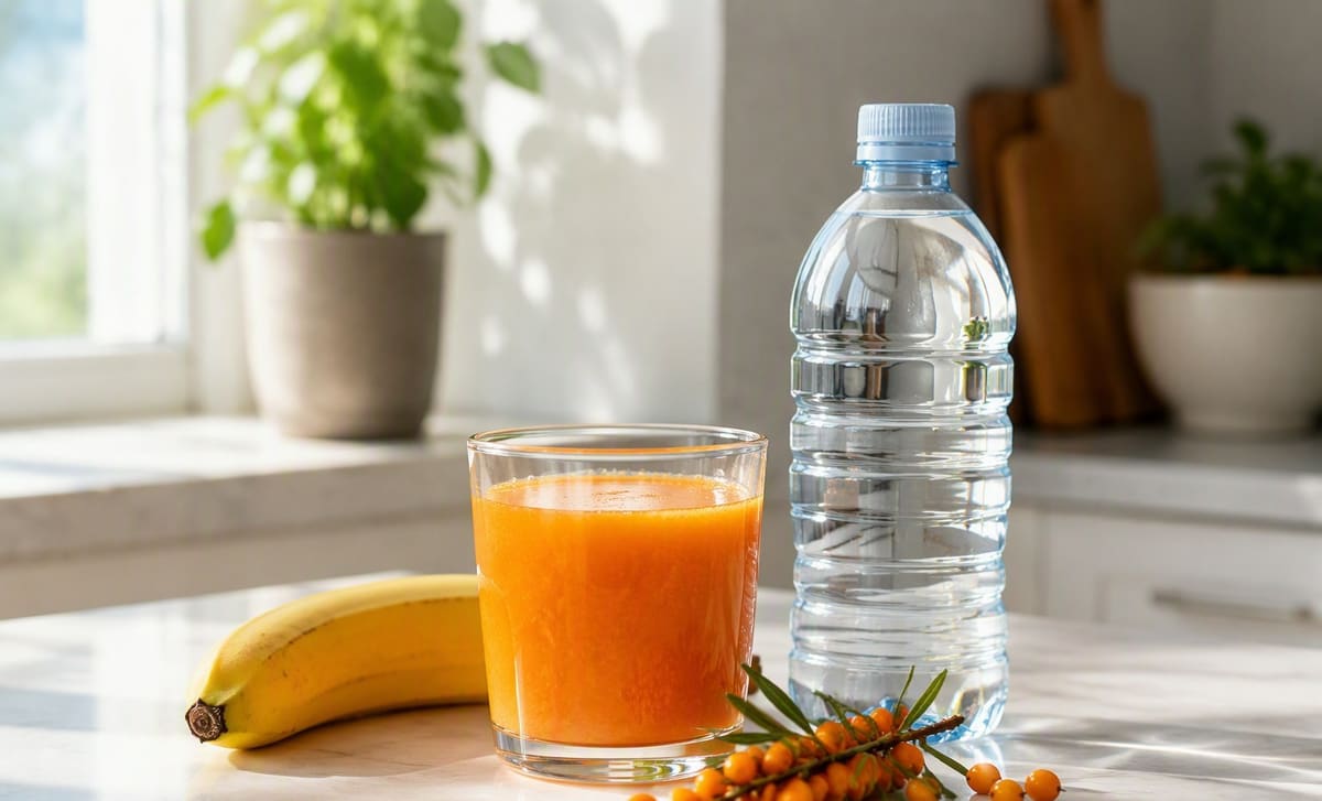 A glass of sea buckthorn juice beside a banana and a water bottle on a counter