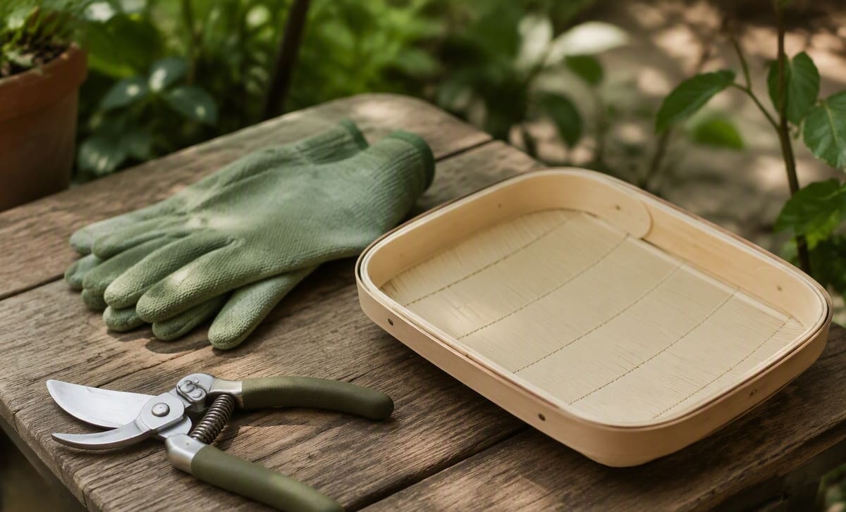 Pruning shears, garden gloves, and a harvesting tray on a wooden bench