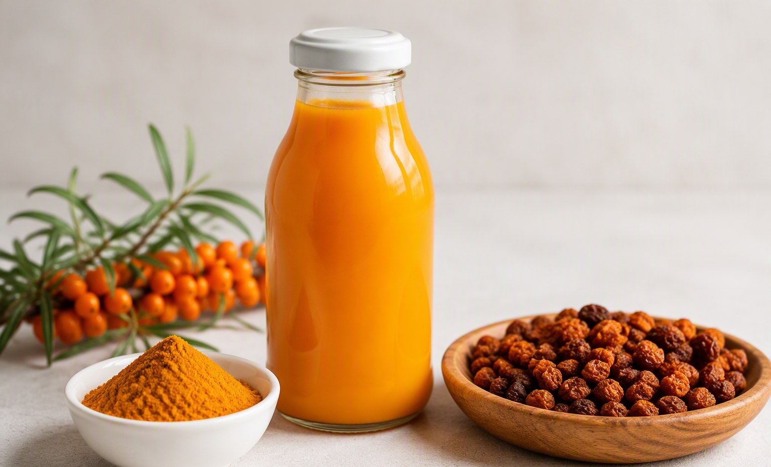 A bowl of orange sea buckthorn powder with dried berries and a jar on pale stone