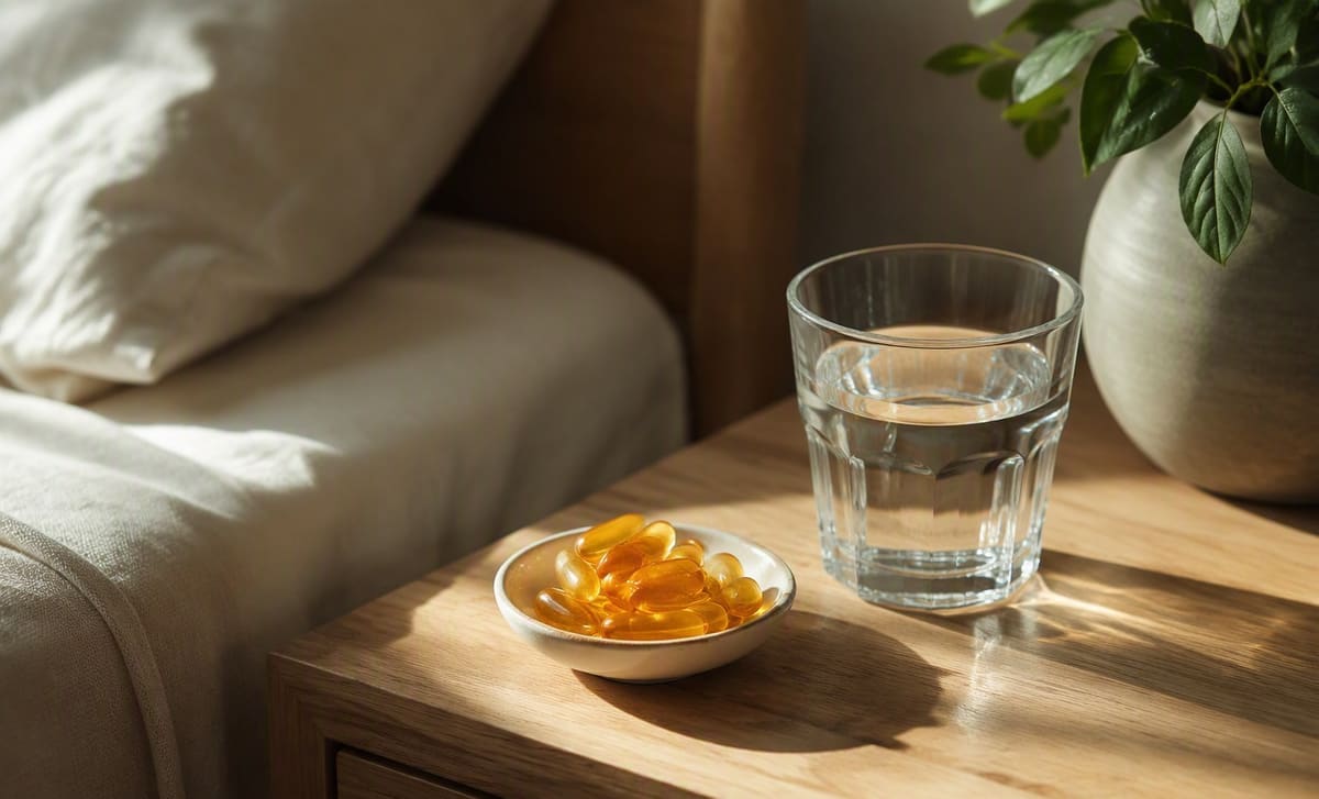 Sea buckthorn oil capsules in a small dish beside a glass of water on a nightstand