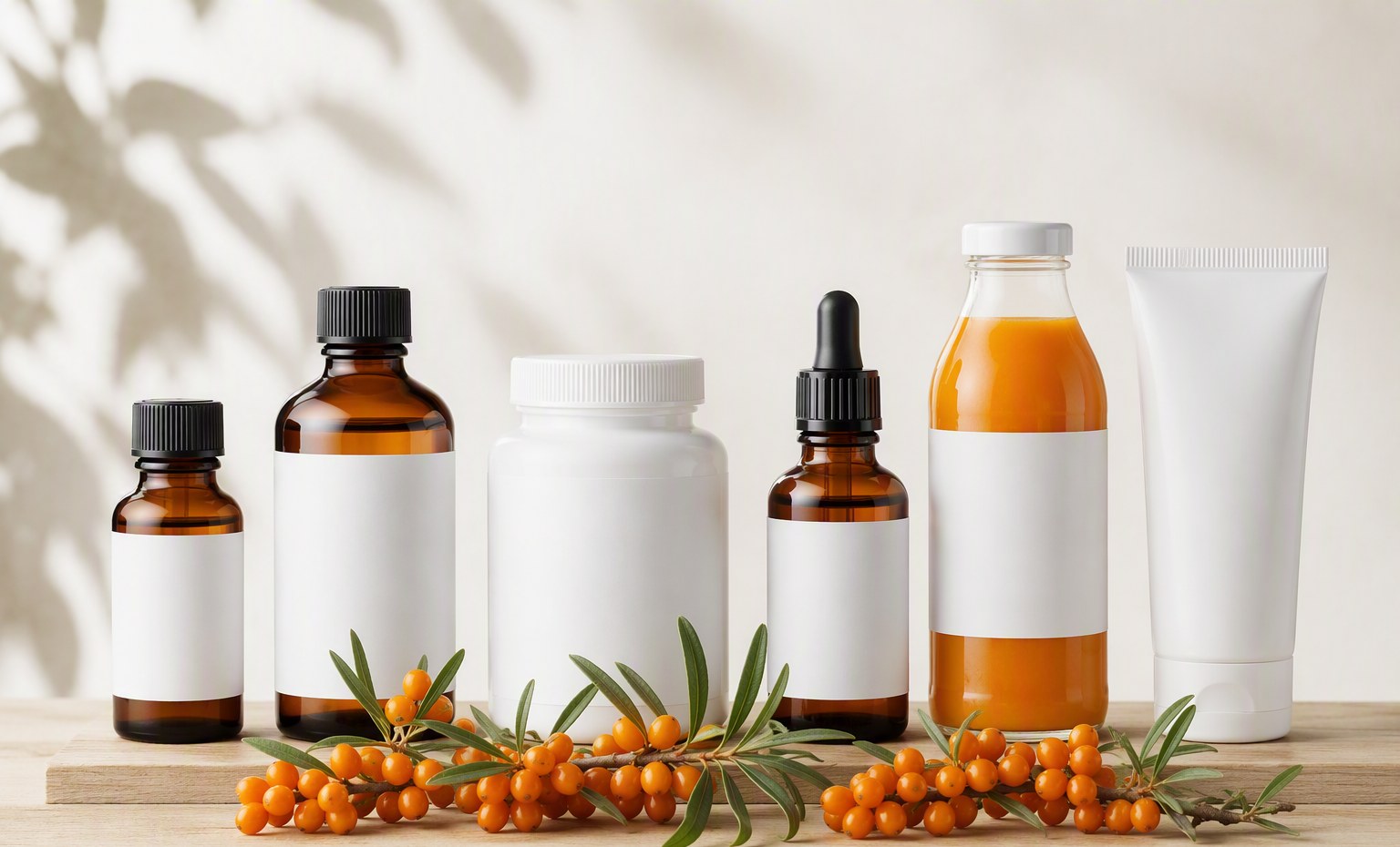A lineup of six unbranded sea buckthorn products with blank labels and fresh berry branches