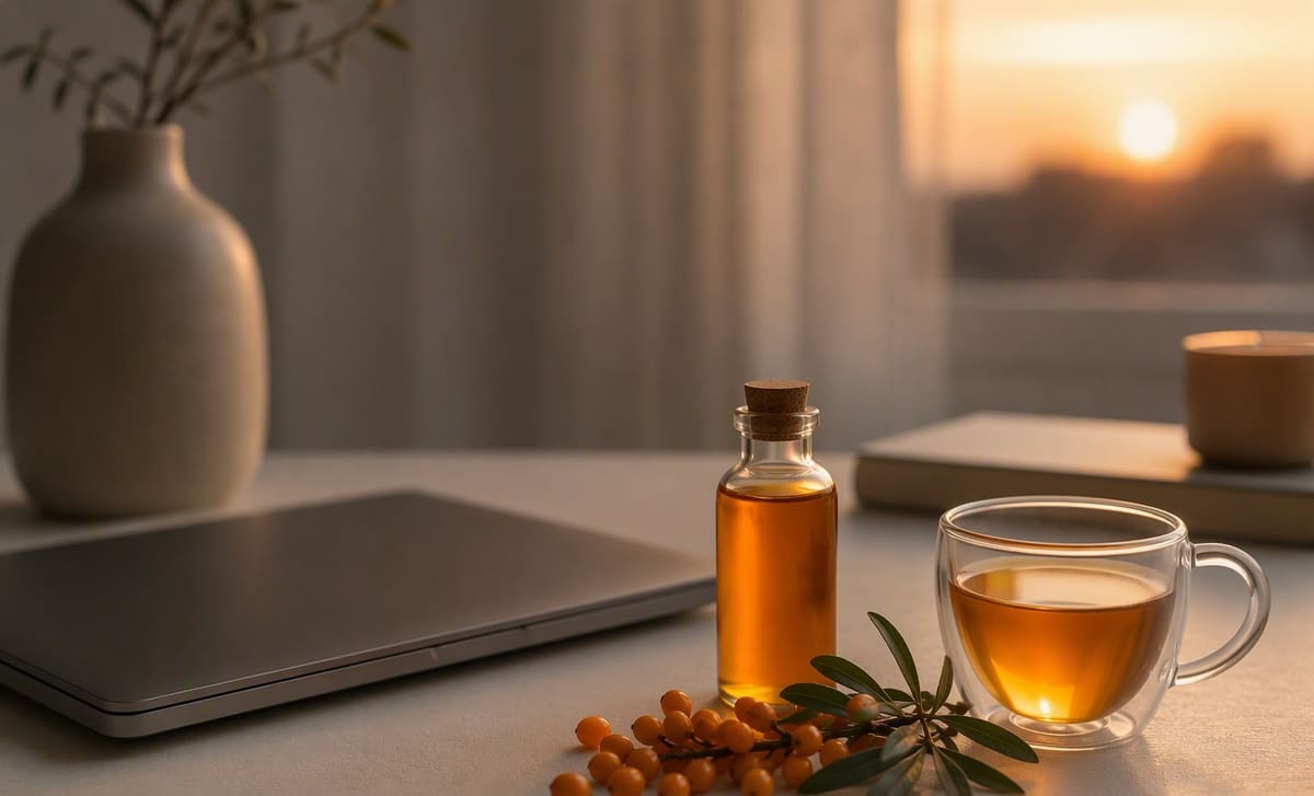 A closed laptop beside a small bottle of sea buckthorn oil and a cup of tea on a tidy desk