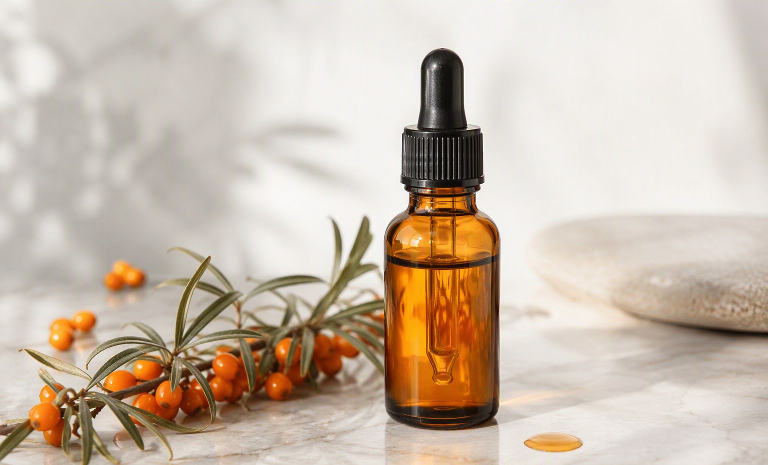 An amber glass dropper bottle of sea buckthorn face oil on marble beside a berry branch