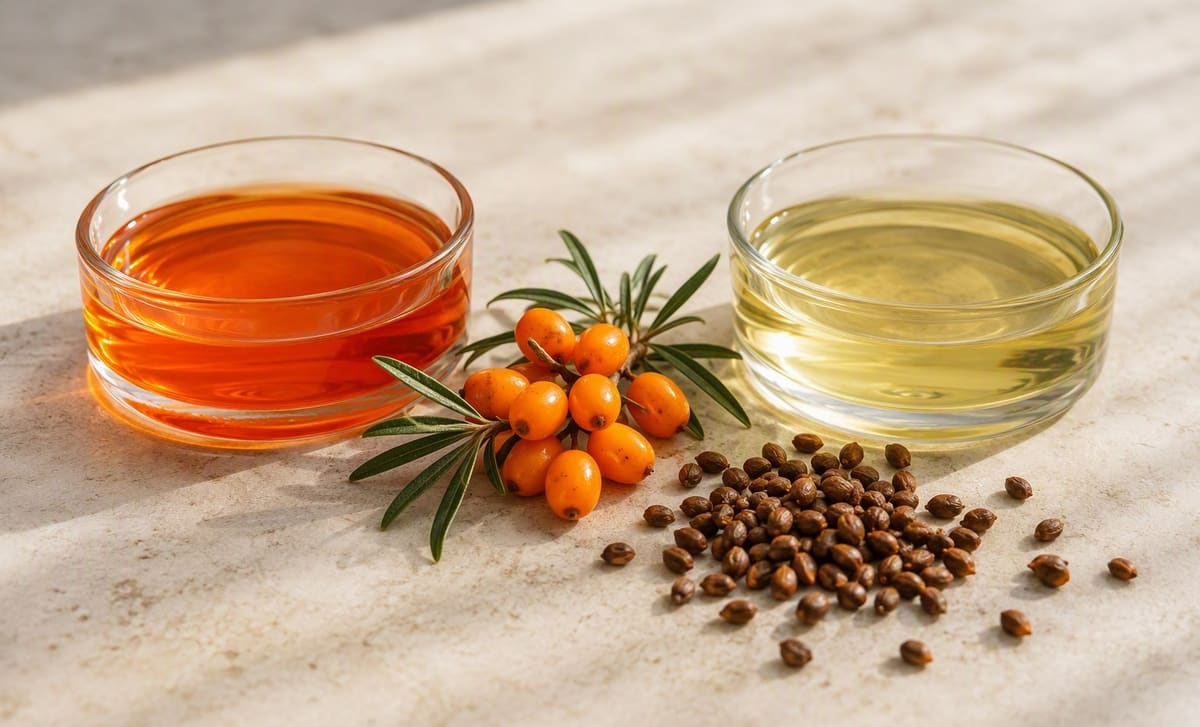 Two glass dishes with deep orange berry oil and pale yellow seed oil, berries and seeds between them
