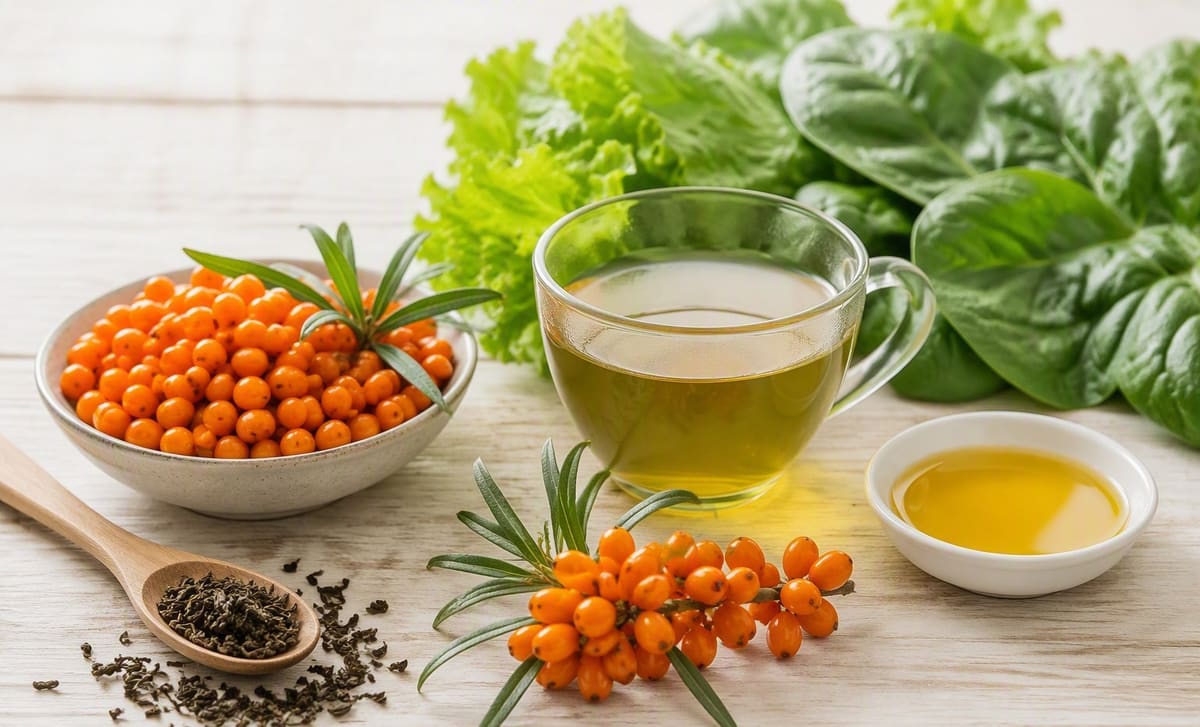 Sea buckthorn berries with green tea, leafy greens, and a dish of oil