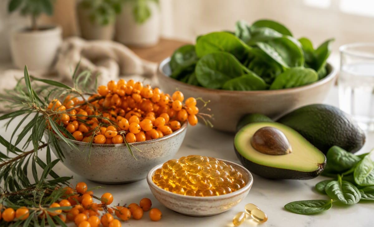 Sea buckthorn berries with leafy greens, avocado, and oil capsules on a kitchen counter