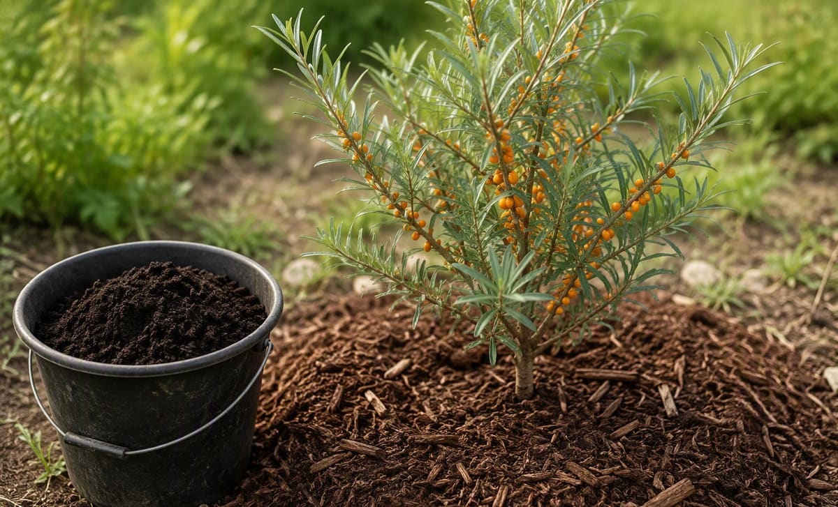 A bucket of dark compost beside the mulched base of a young sea buckthorn shrub