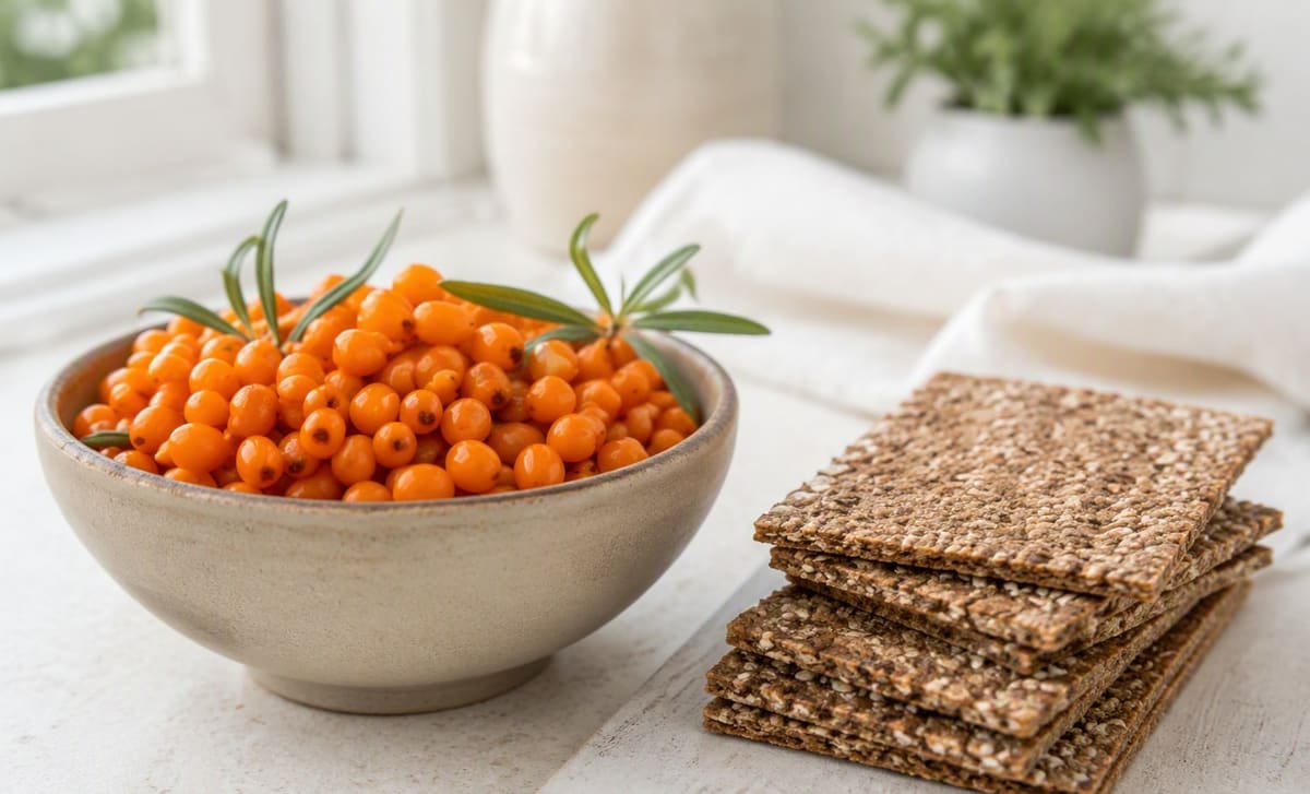 A bowl of whole sea buckthorn berries beside a stack of wholegrain crispbread