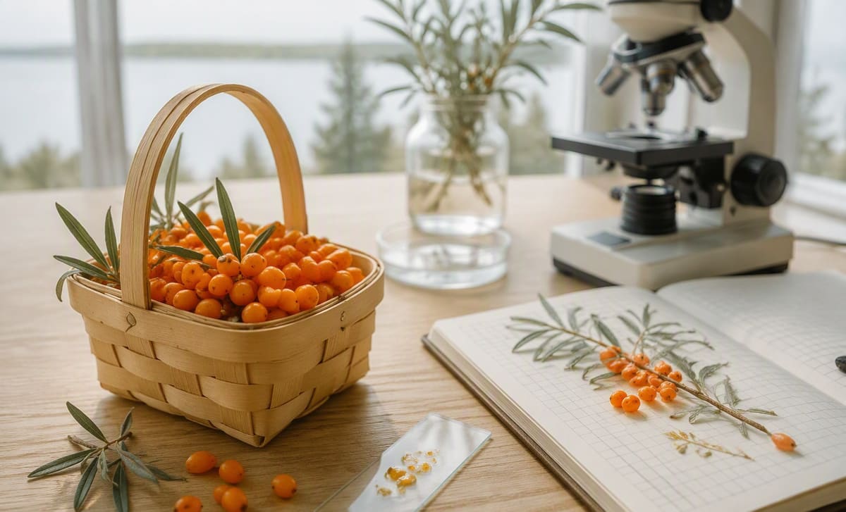 A basket of sea buckthorn berries beside a microscope and research notebook