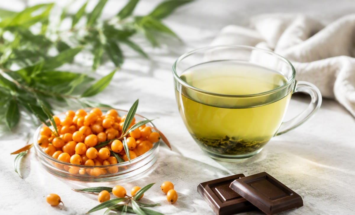 Sea buckthorn berries beside a cup of green tea and two squares of dark chocolate