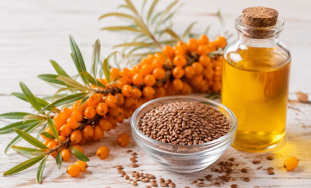 Sea buckthorn berries beside a bowl of brown flaxseeds and a bottle of golden oil